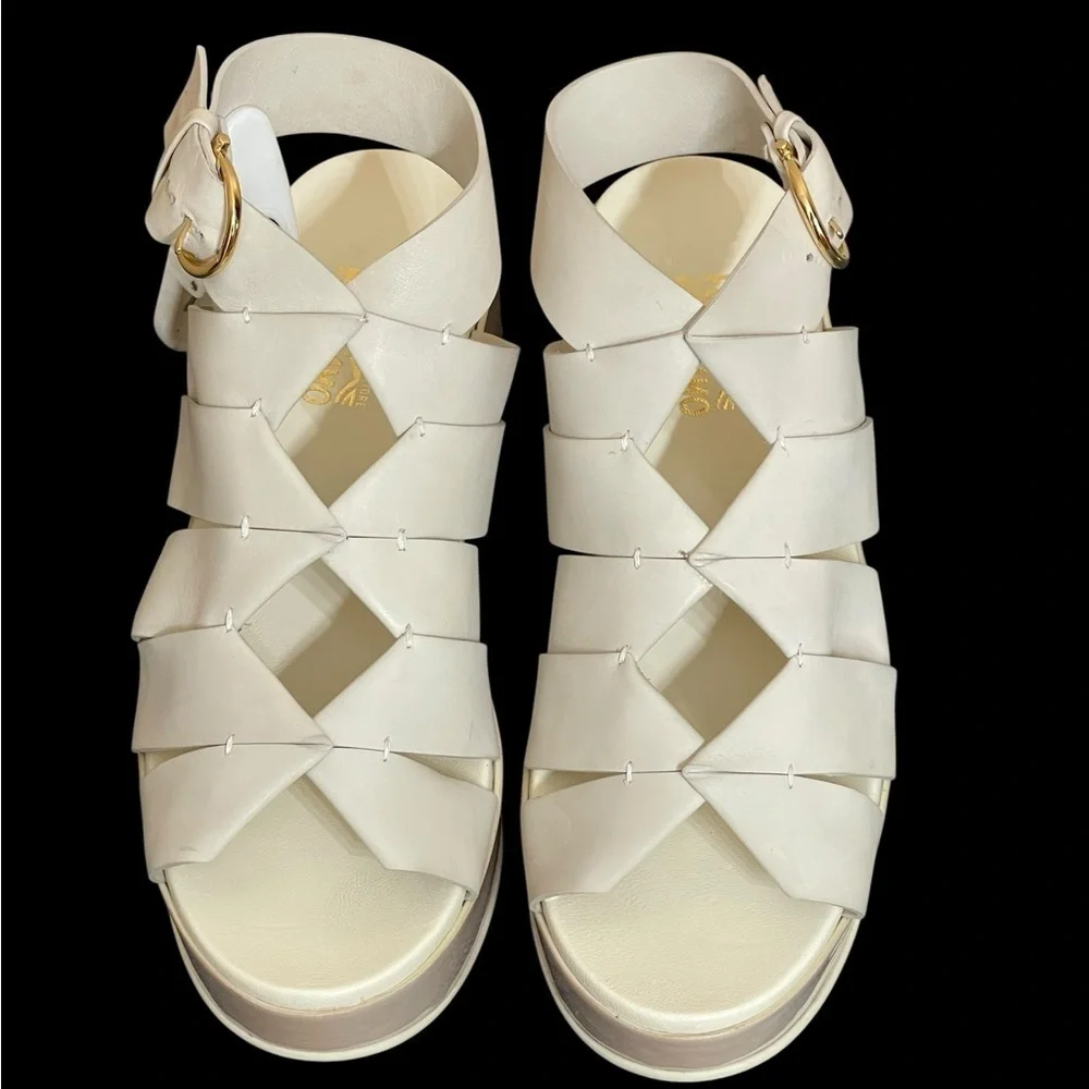SALVATORE FERRAGAMO EUGENIA PLATFORM SADDLE SOFT LEATHER SANDALS 10C